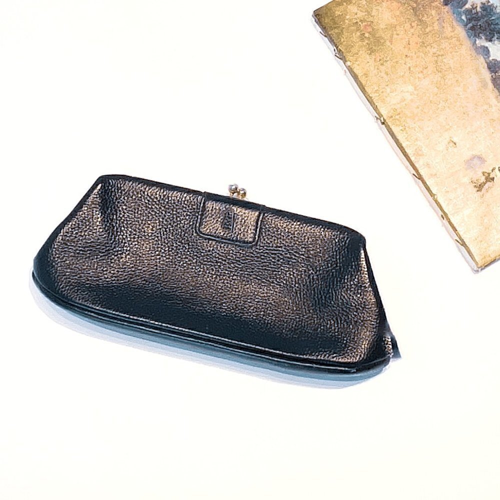 Blue Vintage Kiss Lock Leather Trapeze Clutch Size L